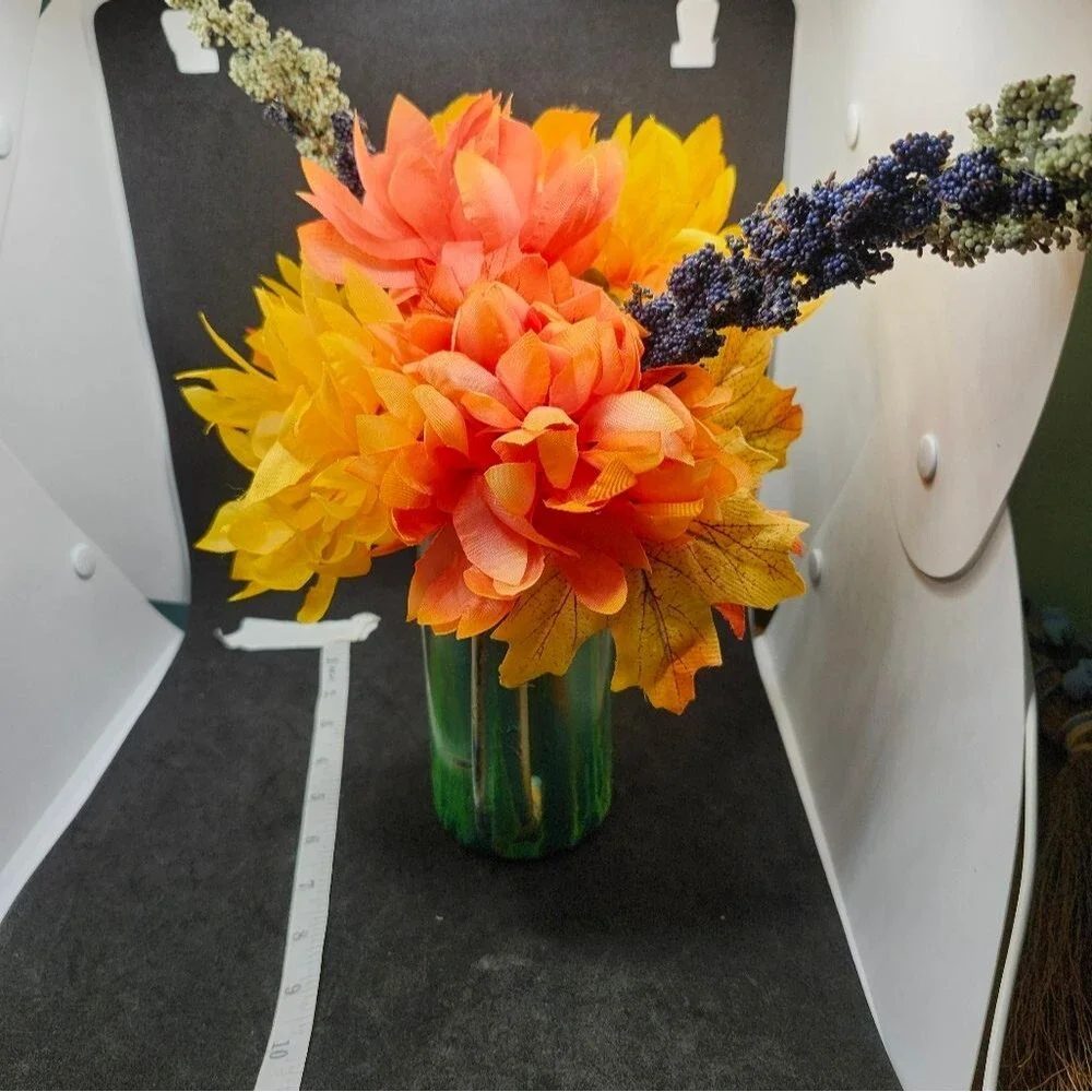 Hand Crafted Floral Table Centerpiece Fall Chrsyanthemum Glass